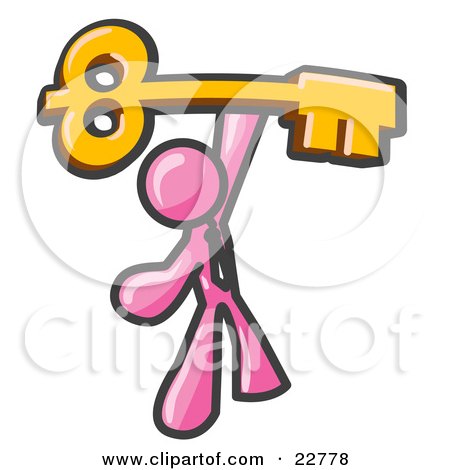 Clipart Illustration of a Pink Businessman Holding A Large Golden Skeleton Key, Symbolizing Success by Leo Blanchette