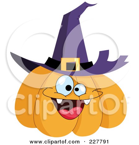 Royalty-Free (RF) Clipart Illustration of a Happy Halloween Jackolantern Wearing A Witch Hat by yayayoyo