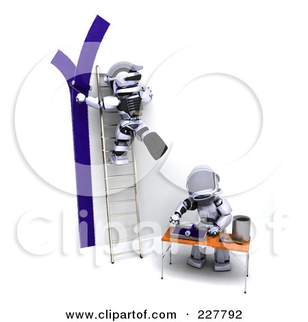 Royalty-Free (RF) Clipart Illustration of 3d Robots Painting A Wall Blue by KJ Pargeter