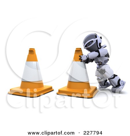 Royalty-Free (RF) Clipart Illustration of a 3d Robot Moving Construction Cones by KJ Pargeter