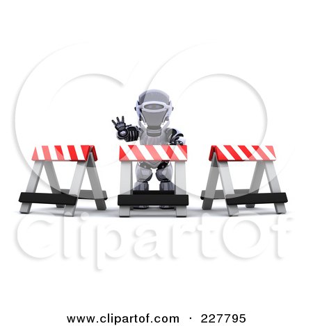 Royalty-Free (RF) Clipart Illustration of a 3d Robot Behind Construction Barriers by KJ Pargeter