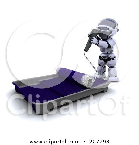 Royalty-Free (RF) Clipart Illustration of a 3d Robot Using A Paint Roller And Rolling It In A Pan by KJ Pargeter