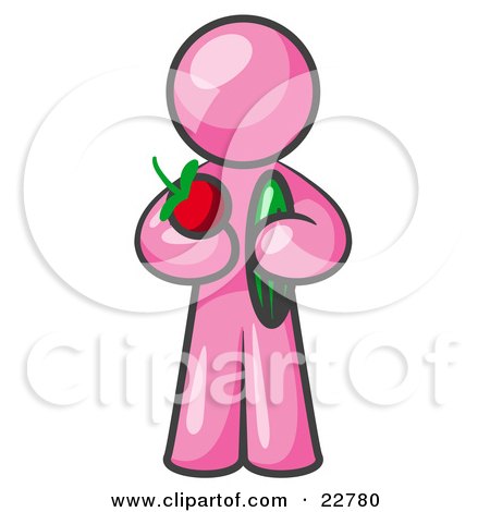 Clipart Illustration of a Healthy Pink Man Carrying A Fresh And Organic Apple And Cucumber by Leo Blanchette