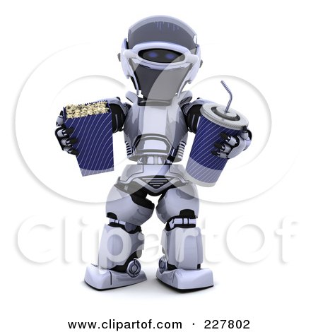 Royalty-Free (RF) Clipart Illustration of a 3d Robot Carrying Movie Popcorn And A Soda by KJ Pargeter