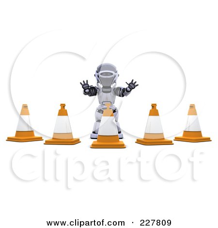 Royalty-Free (RF) Clipart Illustration of a 3d Robot Behind Construction Cones by KJ Pargeter