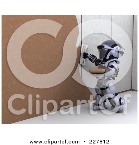 Royalty-Free (RF) Clipart Illustration of a 3d Robot Plastering Over Drywall by KJ Pargeter