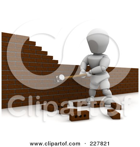 Royalty-Free (RF) Clipart Illustration of a 3d White Character Knocking Down A Brick Wall - 2 by KJ Pargeter