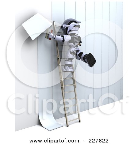 Royalty-Free (RF) Clipart Illustration of a 3d Robot Applying Wallpaper by KJ Pargeter