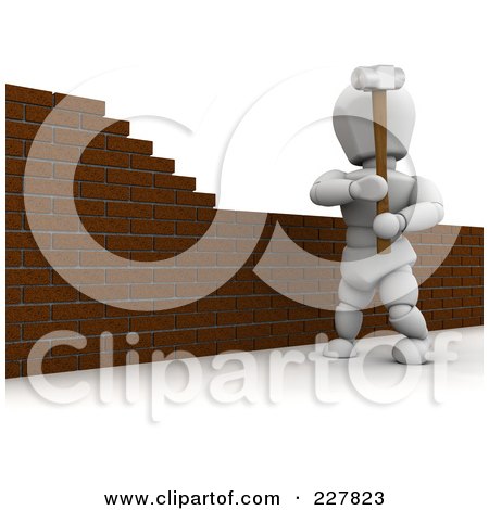 Royalty-Free (RF) Clipart Illustration of a 3d White Character Knocking Down A Brick Wall - 1 by KJ Pargeter