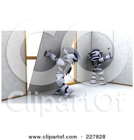 Royalty-Free (RF) Clipart Illustration of 3d Robots Hanging Dry Wall by KJ Pargeter