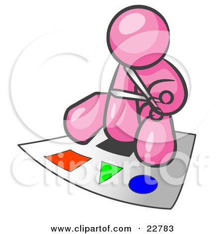 Clipart Illustration of a Pink Man Holding A Pair Of Scissors And Sitting On A Large Poster Board With Colorful Shapes by Leo Blanchette