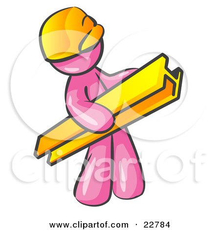 Clipart Illustration of a Pink Man Construction Worker Wearing A Hardhat And Carrying A Beam At A Work Site by Leo Blanchette