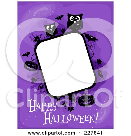 Royalty-Free (RF) Clipart Illustration of a Happy Halloween Greeting Under A Frame Of Pumpkins, Bats And Owls On Purple by BNP Design Studio