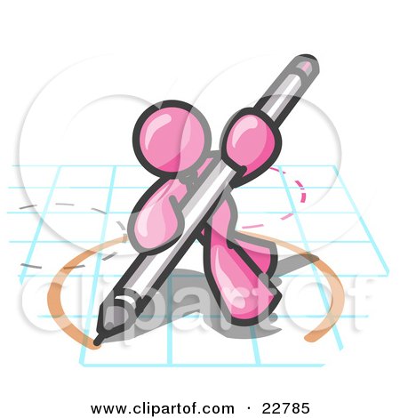 Clipart Illustration of a Pink Man Holding a Pencil and Drawing a Circle on a Blueprint by Leo Blanchette