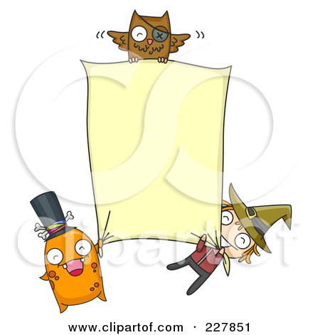 Royalty-Free (RF) Clipart Illustration of a Witch, Monster And Owl Holding A Halloween Banner by BNP Design Studio