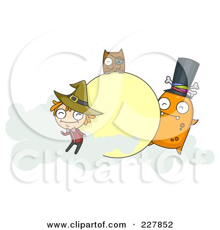 Royalty-Free (RF) Clipart Illustration of a Halloween Witch, Owl And Monster With Clouds Around A Moon Frame by BNP Design Studio