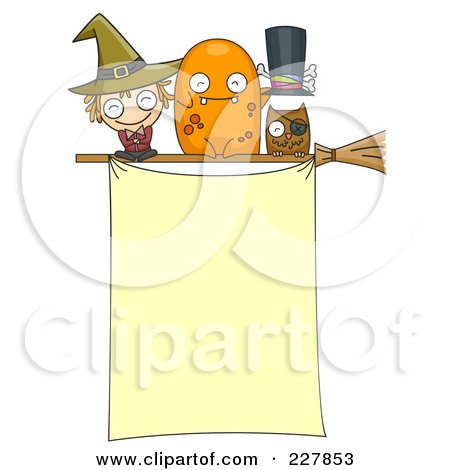 Royalty-Free (RF) Clipart Illustration of a Witch, Monster And Owl On A Broomstick Above A Halloween Sign by BNP Design Studio