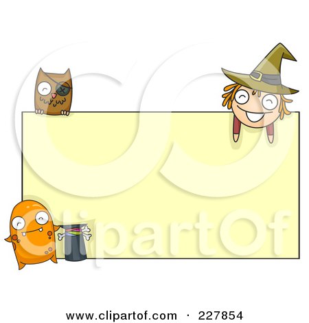 Royalty-Free (RF) Clipart Illustration of a Monster, Owl And Witch Around A Blank Sign by BNP Design Studio