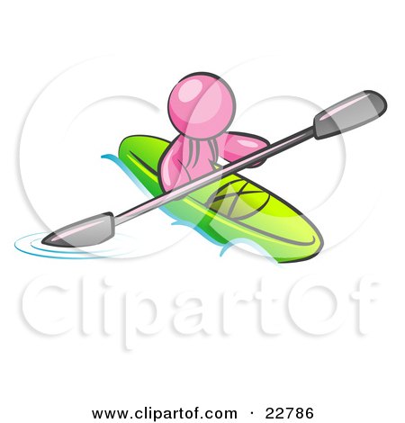Clipart Illustration of a Pink Man Paddling Down A River In A Green Kayak by Leo Blanchette