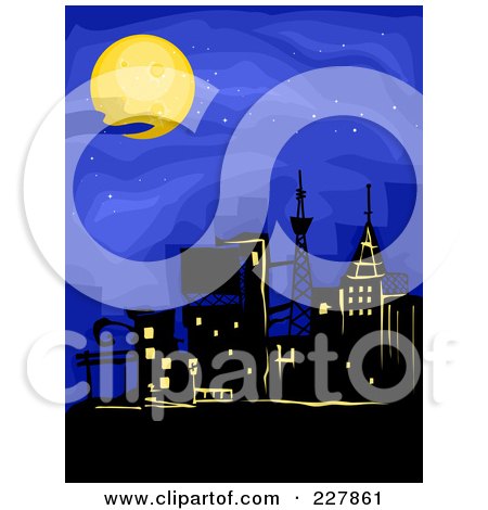 Royalty-Free (RF) Clipart Illustration of a Lit Up City Under A Full Moon by BNP Design Studio