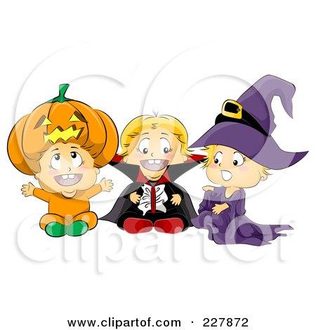 Royalty-Free (RF) Clipart Illustration of Three Toddlers In Pumpkin, Vampire And Witch Halloween Costumes by BNP Design Studio