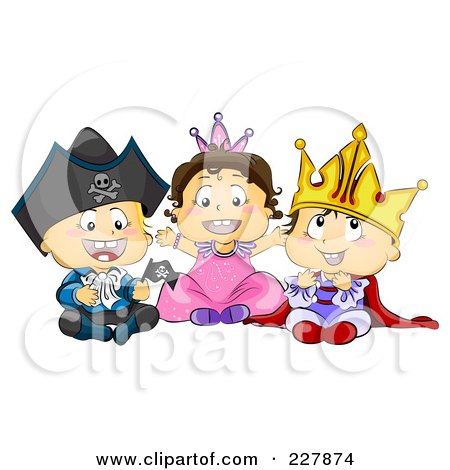 Royalty-Free (RF) Clipart Illustration of Three Toddlers In Pirate, Princess And King Halloween Costumes by BNP Design Studio
