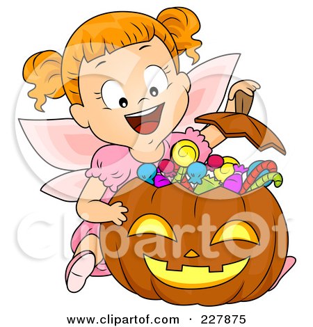 Royalty-Free (RF) Clipart Illustration of a Halloween Girl In A Fairy Costume, Showing Her Candy Stash In A Pumpkin by BNP Design Studio