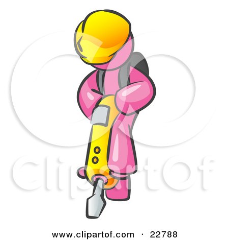 Clipart Illustration of a Pink Construction Worker Man Wearing A Hardhat And Operating A Yellow Jackhammer While Doing Road Work by Leo Blanchette
