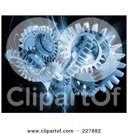 Royalty-Free (RF) Clipart Illustration of Blue Mechanical Gears Over A Blue Fractal On Black by KJ Pargeter