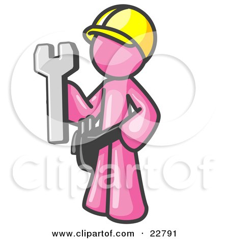 Clipart Illustration of a Proud Pink Construction Worker Man in a Hardhat, Holding a Wrench Clipart Illustration by Leo Blanchette