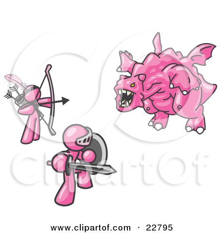Clipart Illustration of Two Pink Men Working Together to Conquer an Obstacle, a Dragon by Leo Blanchette