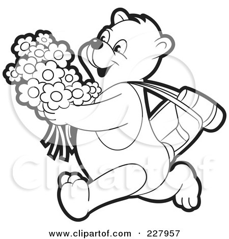 Royalty-Free (RF) Clipart Illustration of a Coloring Page Outline Of A Happy Bear Running With Flowers by Lal Perera