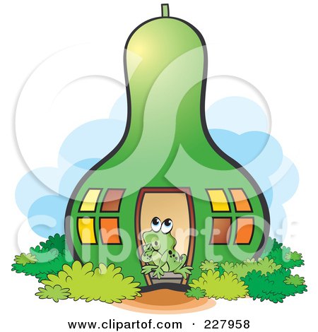 Royalty-Free (RF) Clipart Illustration of a Cute Frog Living In A Green Gourd House by Lal Perera