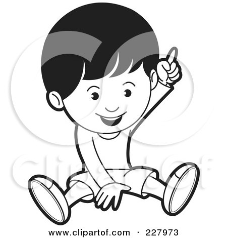 Royalty-Free (RF) Clipart Illustration of a Coloring Page Outline Of A Boy Sitting And Pointing Up by Lal Perera