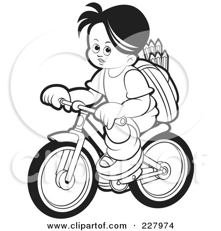 Royalty-Free (RF) Clipart Illustration of a Coloring Page Outline Of A School Boy Riding A Bicycle by Lal Perera