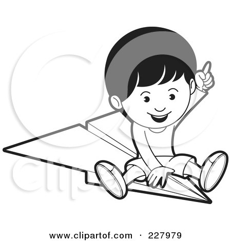Royalty-Free (RF) Clipart Illustration of a Coloring Page Outline Of A Boy Riding A Paper Airplane by Lal Perera