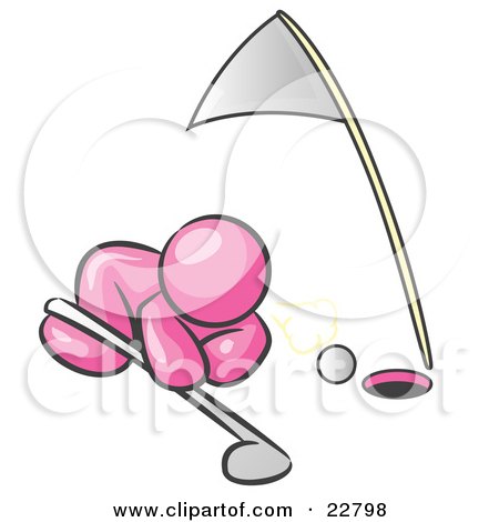 Clipart Illustration of a Pink Man Down On The Ground, Trying To Blow A Golf Ball Into The Hole by Leo Blanchette