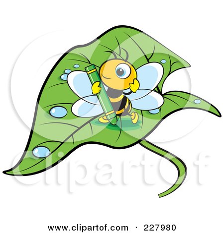 Royalty-Free (RF) Clipart Illustration of a Cute Bee Holding A Green Crayon On A Wet Leaf by Lal Perera