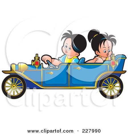 Royalty-Free (RF) Clipart Illustration of a Boy And Girl Riding In A Blue Vintage Car by Lal Perera