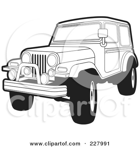 Royalty-Free (RF) Clipart Illustration of a Coloring Page Outline Of A Jeep Wrangler by Lal Perera