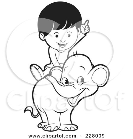 Royalty-Free (RF) Clipart Illustration of a Coloring Page Outline Of A Boy Riding A Cute Elephant by Lal Perera