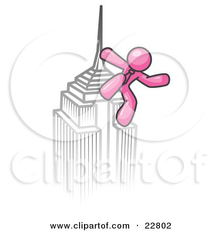 Clipart Illustration of a Pink Man Climbing to the Top of a Skyscraper Tower Like King Kong, Success, Achievement by Leo Blanchette
