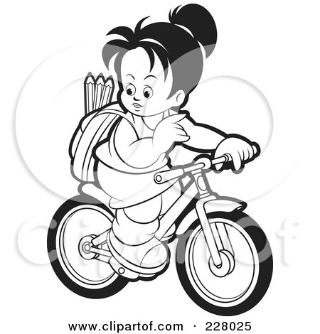 Royalty-Free (RF) Clipart Illustration of a Coloring Page Outline Of A Girl Riding Her Bike To School by Lal Perera