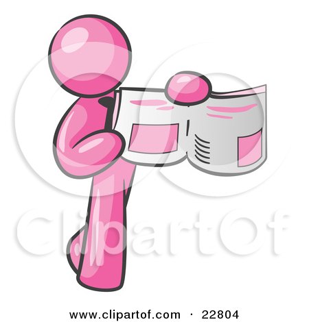 Clipart Illustration of a Pink Man Holding Up A Newspaper And Pointing To An Article by Leo Blanchette