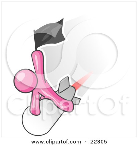 Clipart Illustration of a Pink Man Waving A Flag While Riding On Top Of A Fast Missile Or Rocket, Symbolizing Success by Leo Blanchette