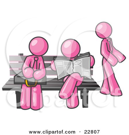 Clipart Illustration of Pink Men at a Bench at a Bus Stop  by Leo Blanchette