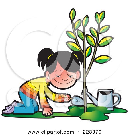 Royalty-Free (RF) Clipart Illustration of a Happy Girl Planting A Tree by Lal Perera