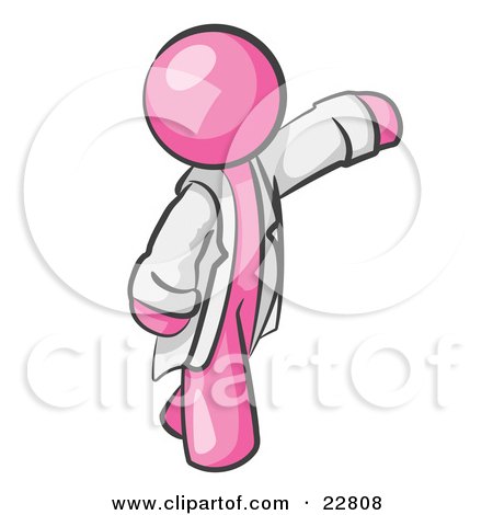 Clipart Illustration of a Pink Scientist, Veterinarian Or Doctor Man Waving And Wearing A White Lab Coat by Leo Blanchette