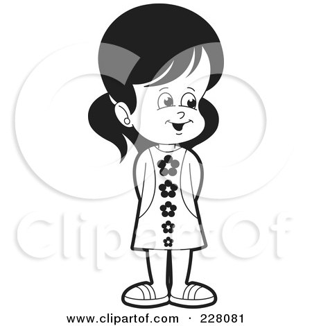 Royalty-Free (RF) Clipart Illustration of a Coloring Page Outline Of A Girl Standing In A Frock by Lal Perera