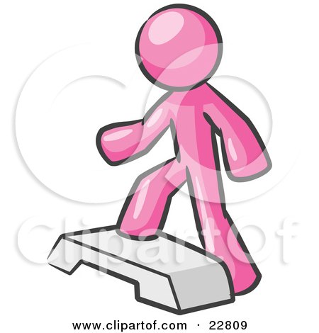 Clipart Illustration of a Pink Man Doing Step Ups On An Aerobics Platform While Exercising by Leo Blanchette